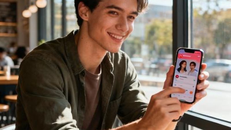 Young confident person using dating app on smartphone in modern coffee shop
