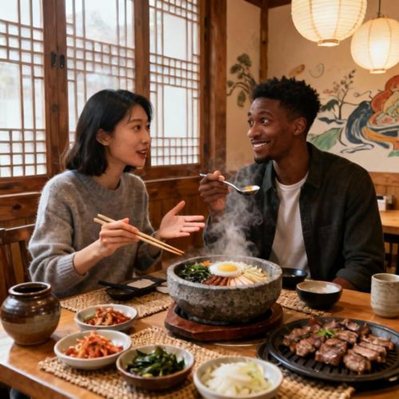 Multicultural couple having traditional Korean meal together at restaurant