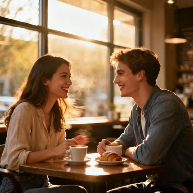 Two people having a successful first date at a casual coffee shop