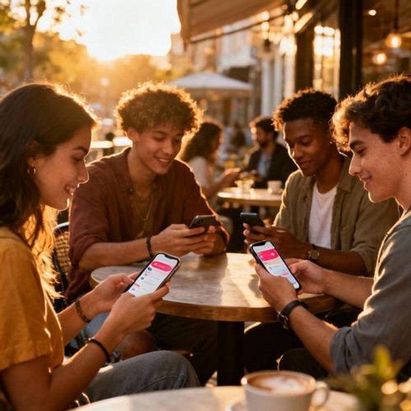 Diverse group of people meeting for coffee after connecting through dating apps