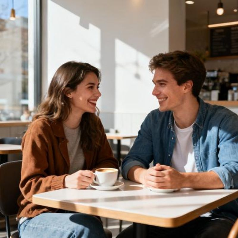 Couple having casual coffee date in bright modern cafe, looking comfortable and engaged