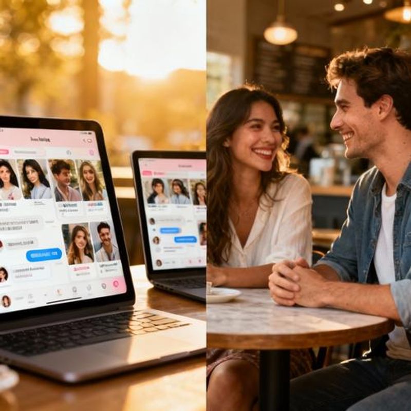 Split screen showing dating app interface design mockups and real couples meeting