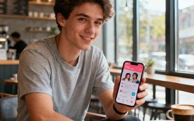 Young person using dating app on smartphone in a cozy coffee shop setting