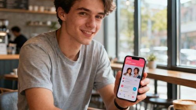 Young person using dating app on smartphone in a cozy coffee shop setting