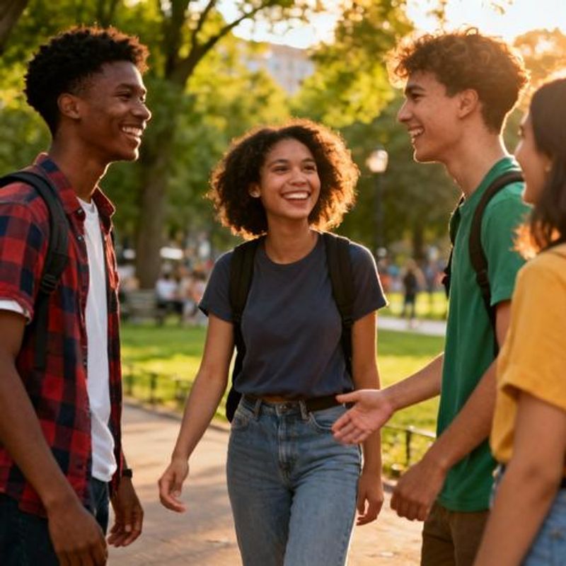 Group of friends meeting for the first time at a park through app connection