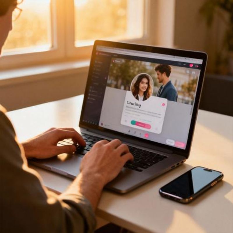 Person creating dating profile on laptop with smartphone nearby