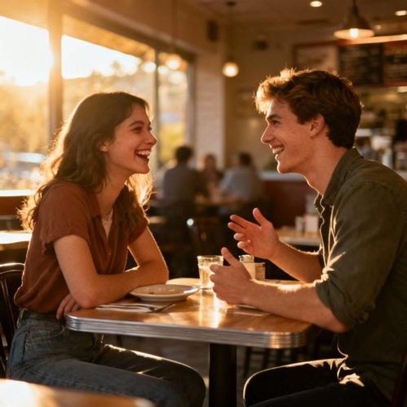 Couple having engaging conversation at casual restaurant setting