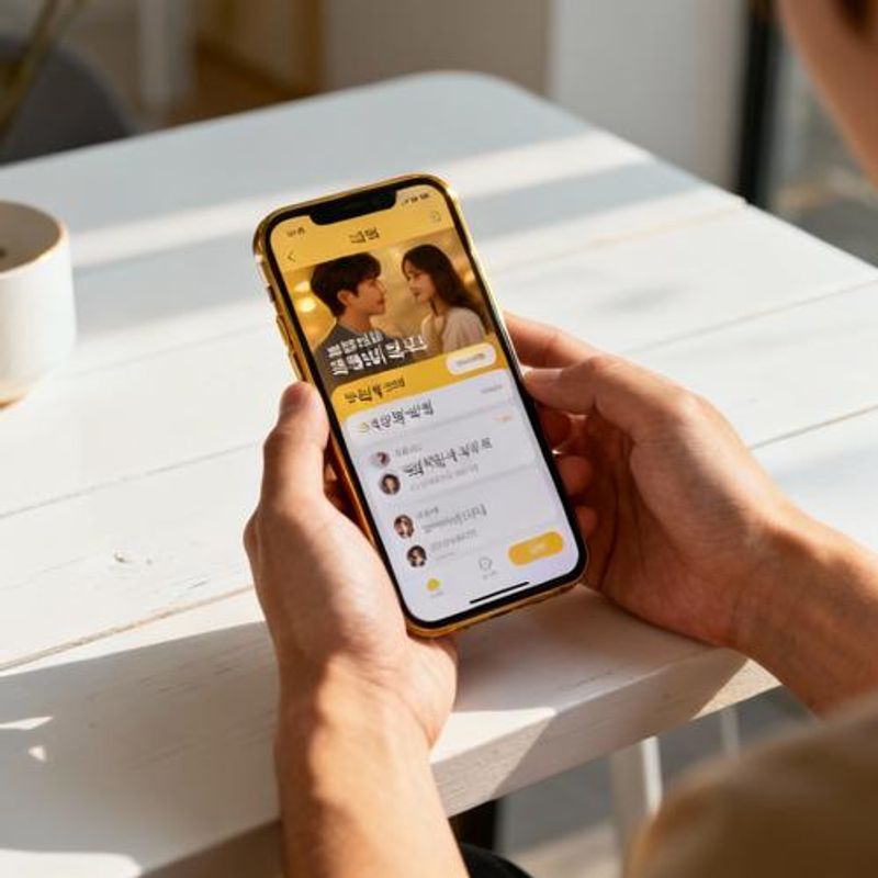 Person using dating app on phone with Korean interface visible
