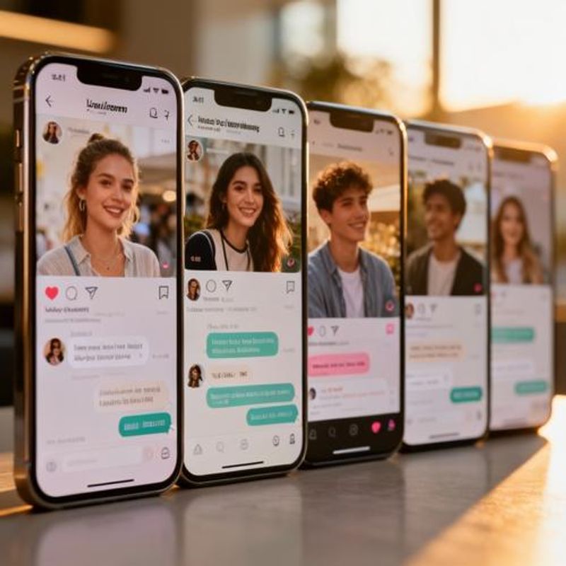 Dating app profiles displayed on multiple phone screens with various messaging conversations