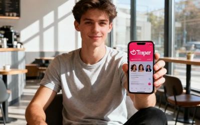 Person using Tinder dating app on smartphone with confident smile