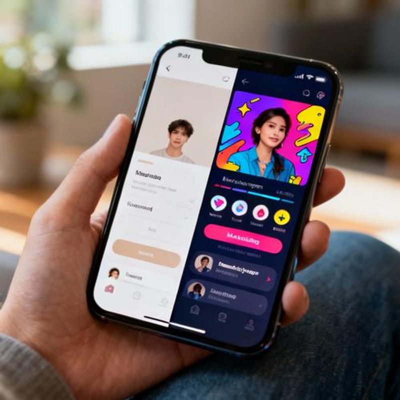 Split screen showing different types of dating profiles and matching interfaces