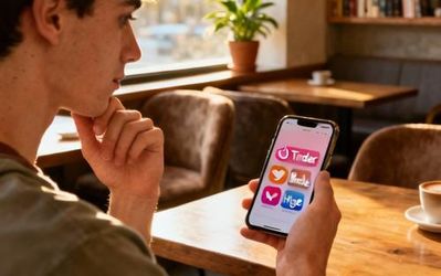 Young person thoughtfully looking at multiple dating apps on their smartphone screen