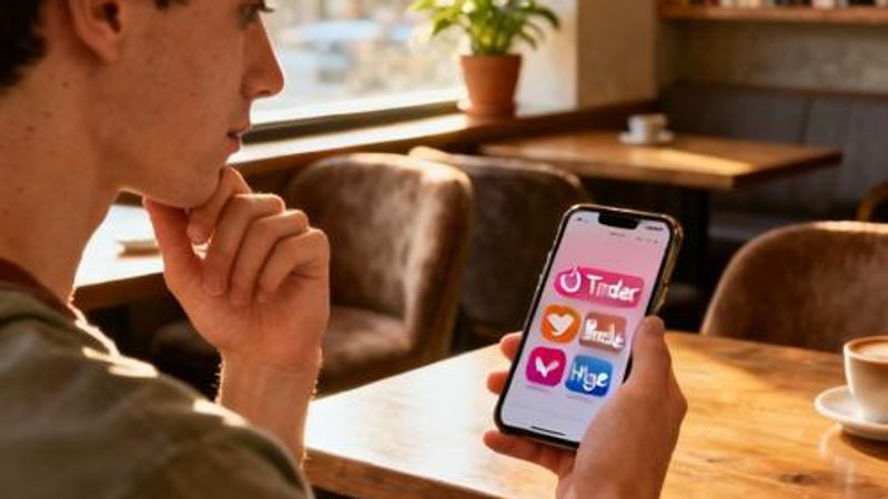 Young person thoughtfully looking at multiple dating apps on their smartphone screen