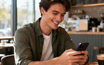 Young professional using dating app on smartphone with confident smile
