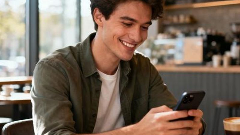 Young professional using dating app on smartphone with confident smile