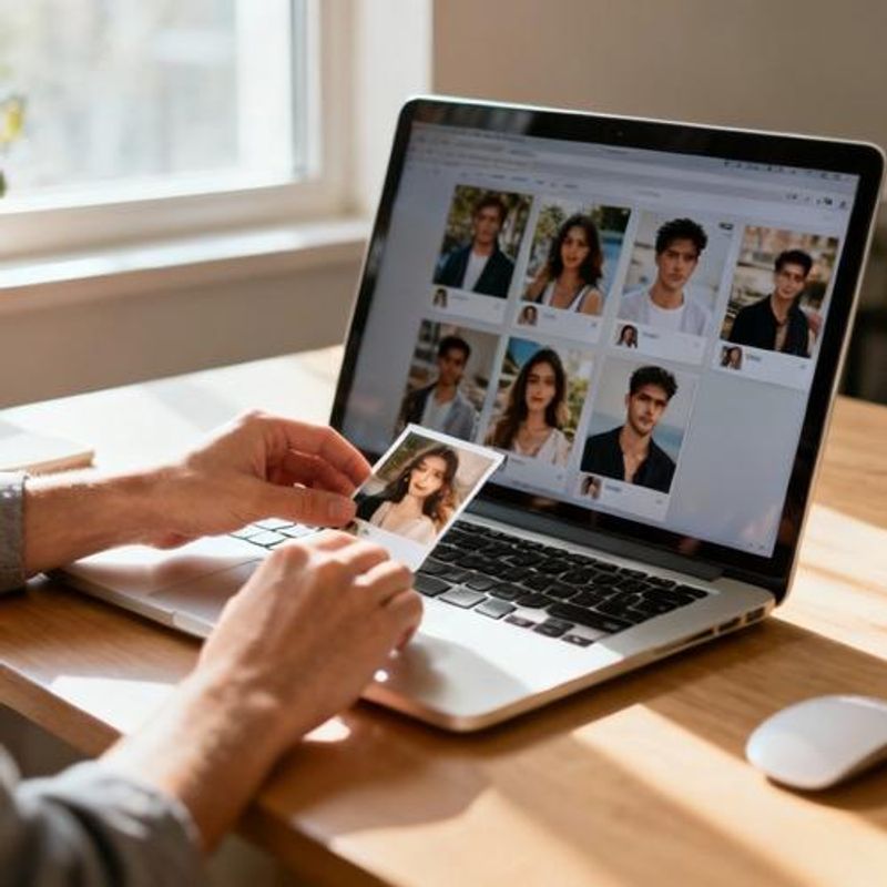 Person carefully selecting photos for dating profile on laptop