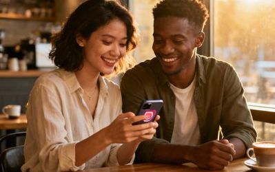 Diverse couple using dating app on smartphone in a modern coffee shop