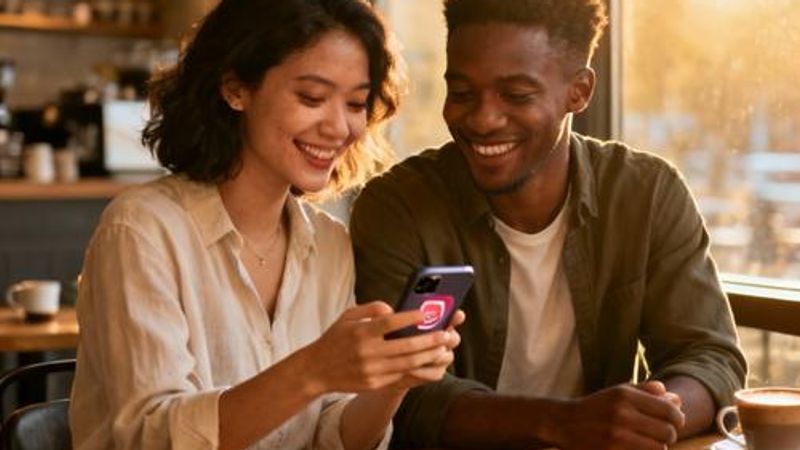 Diverse couple using dating app on smartphone in a modern coffee shop
