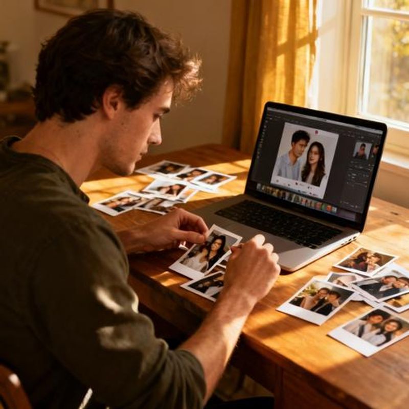 Person carefully selecting and editing photos for dating profile on laptop