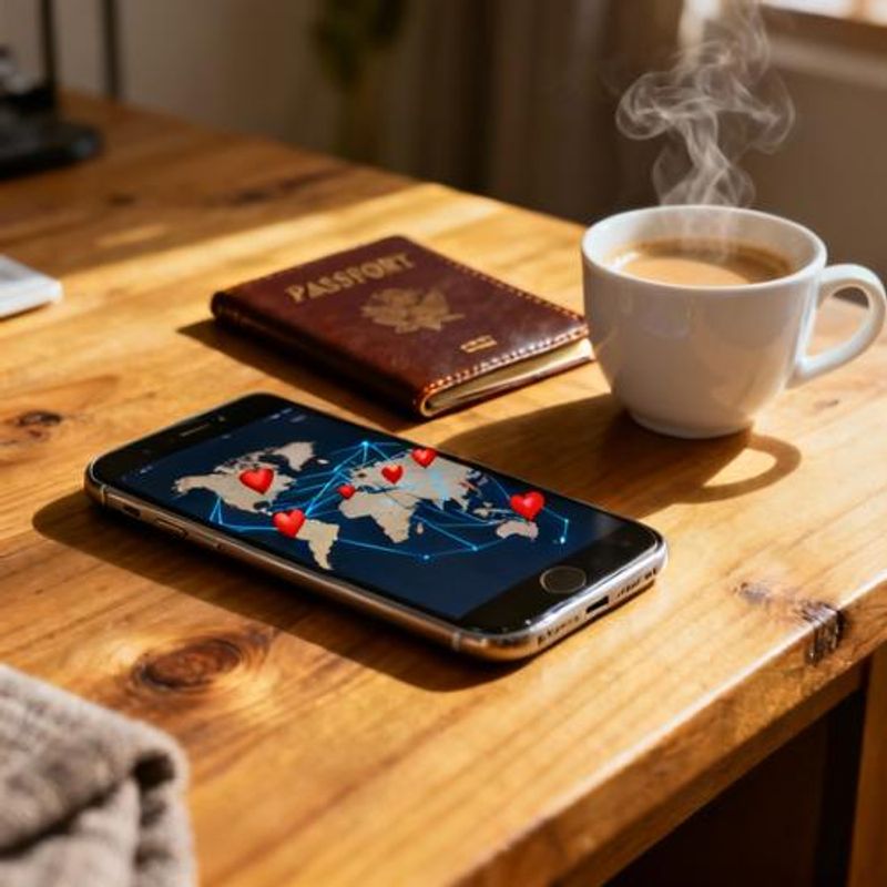 World map with dating app icons showing global connections