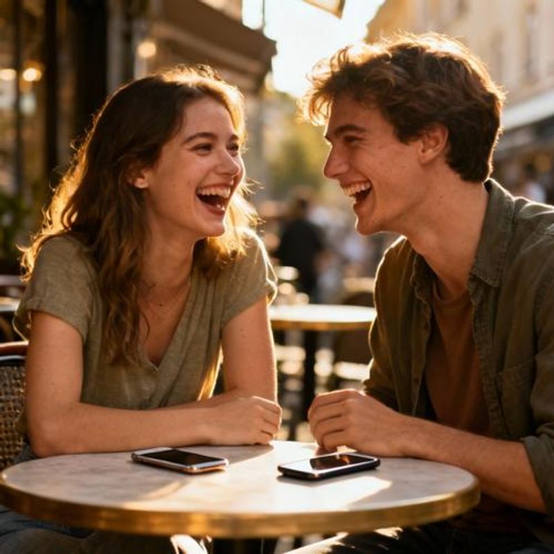 Young couple having coffee and laughing together after meeting through dating app