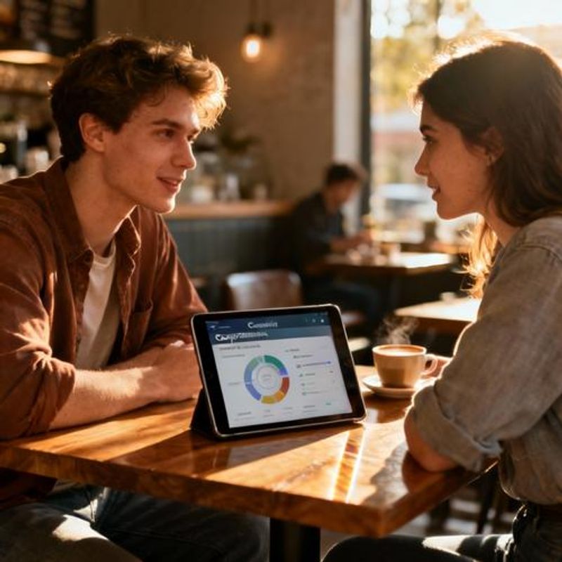 Two people having coffee while looking at compatibility analysis on tablet