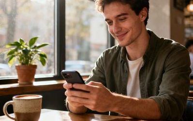 Man using smartphone with dating app interface in modern coffee shop setting