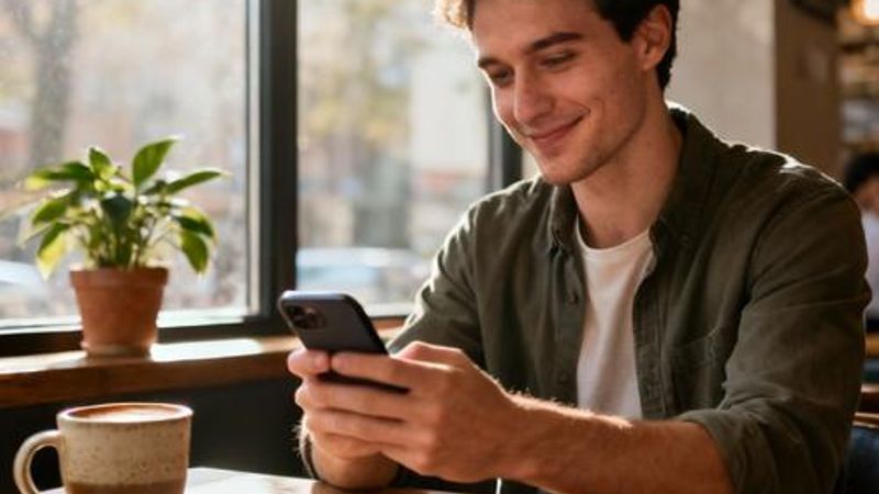 Man using smartphone with dating app interface in modern coffee shop setting