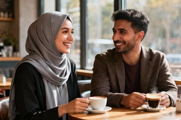 Young Muslim couple having coffee together, showing cross-cultural dating success