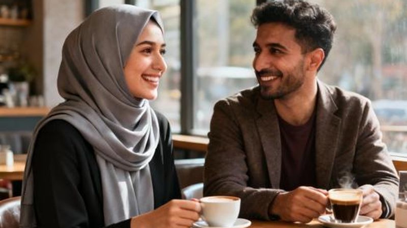 Young Muslim couple having coffee together, showing cross-cultural dating success