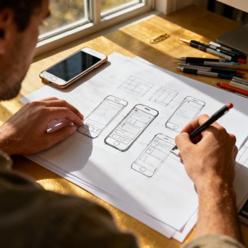 Person sketching dating app wireframes on paper with smartphone and design tools nearby