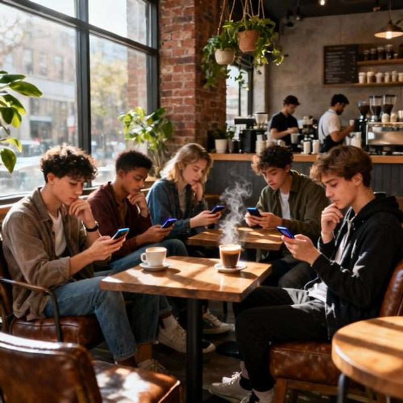 Diverse group of singles looking at their phones with hopeful expressions