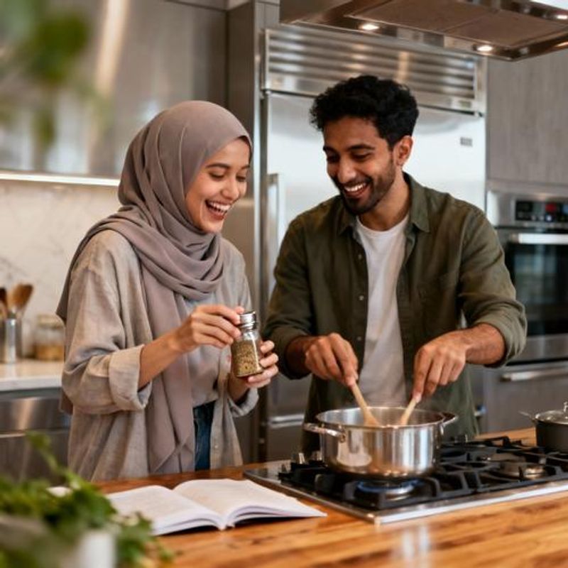 Muslim woman and her diverse partner cooking traditional food together in kitchen
