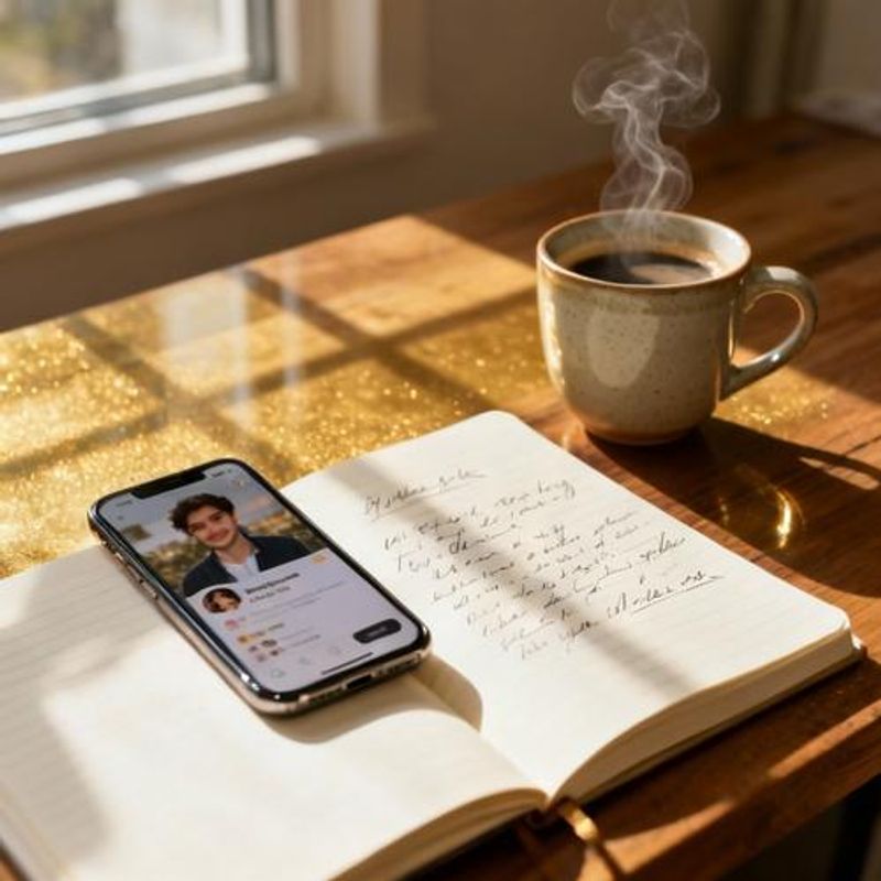 Dating app profile optimization workspace with notebook and smartphone