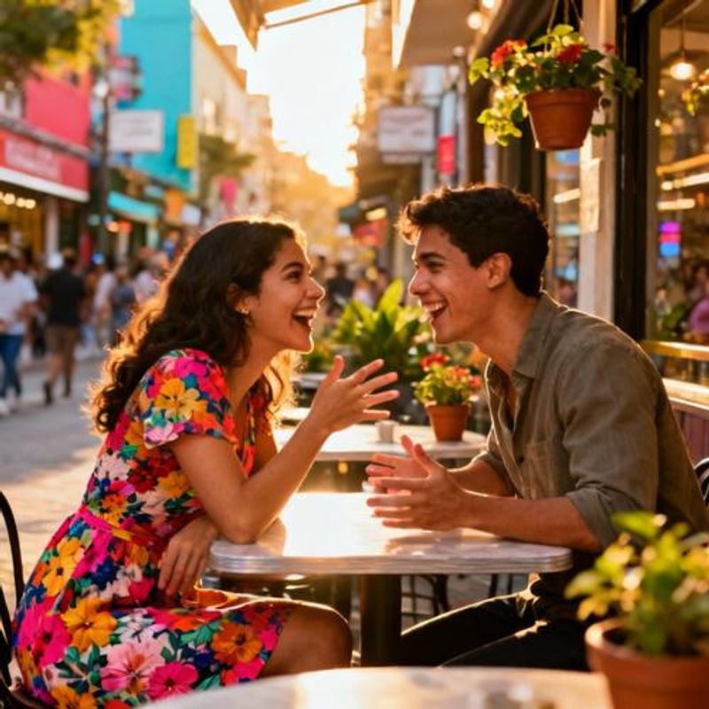 Couple enjoying coffee and conversation at an outdoor cafe