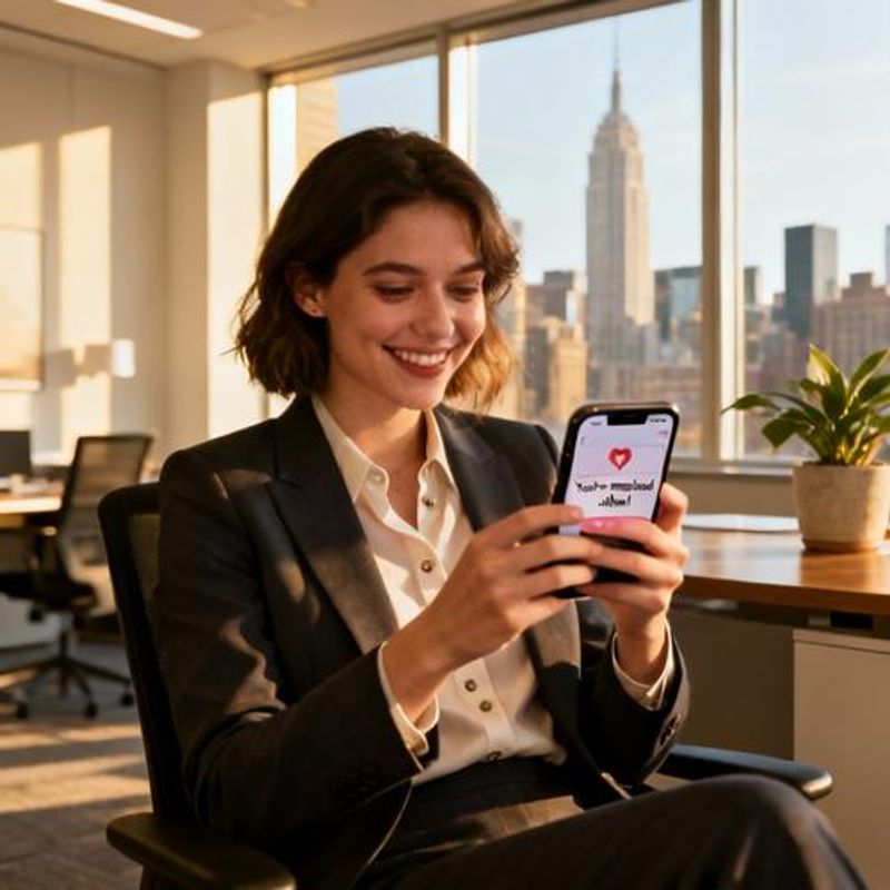 Professional woman successfully matching on dating app in Chicago office