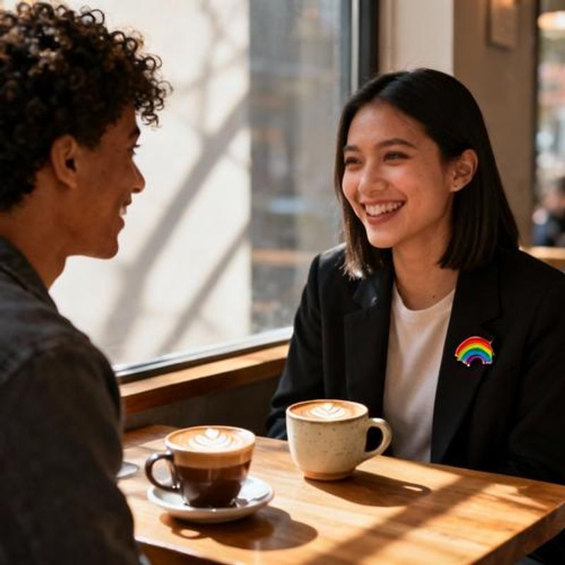 Two young people meeting for coffee date after connecting on LGBTQ+ dating app