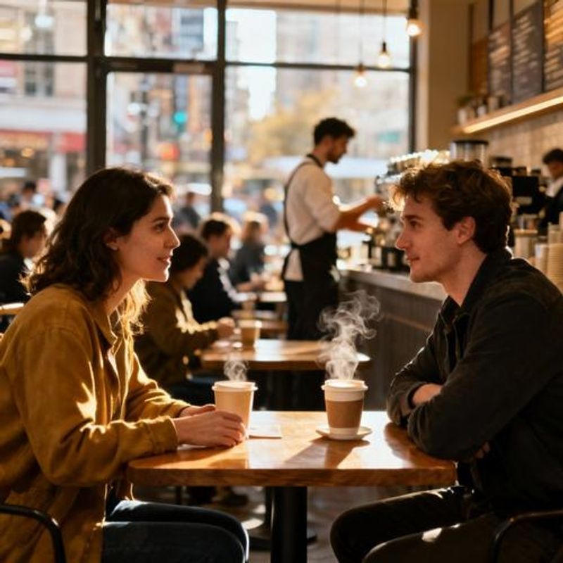 Two people having coffee in a busy public cafe for a first date