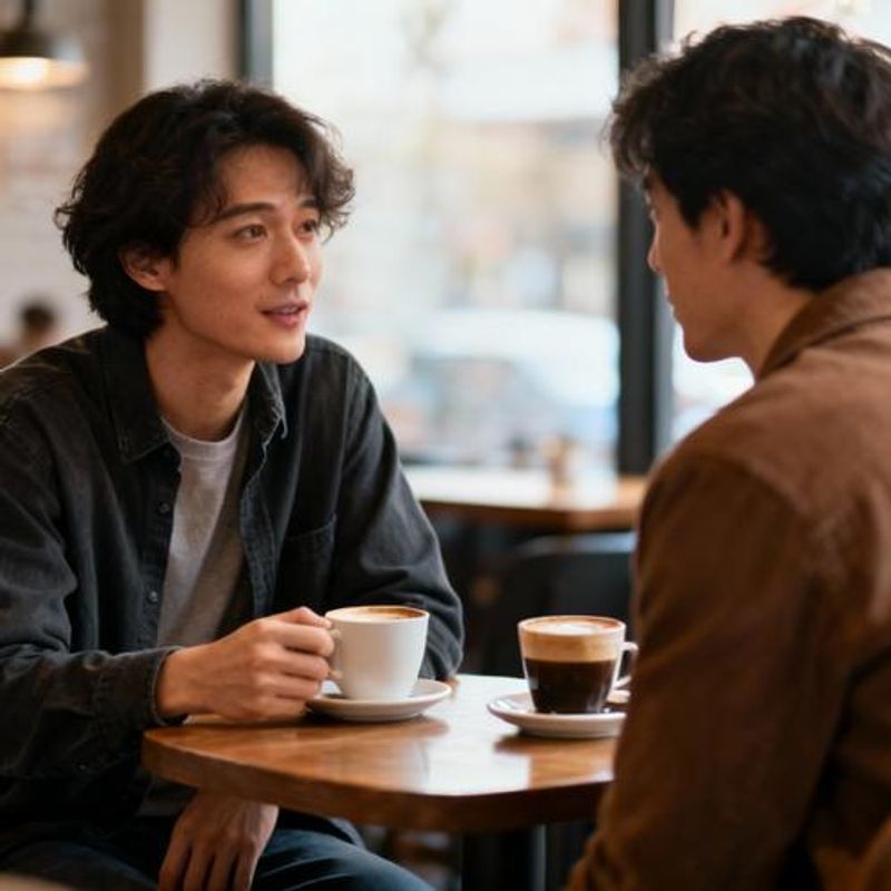 Two people having a comfortable first date conversation at a coffee shop