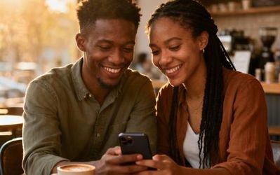 Diverse Christian couple sharing coffee and looking at smartphone together