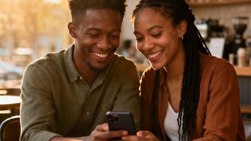 Diverse Christian couple sharing coffee and looking at smartphone together