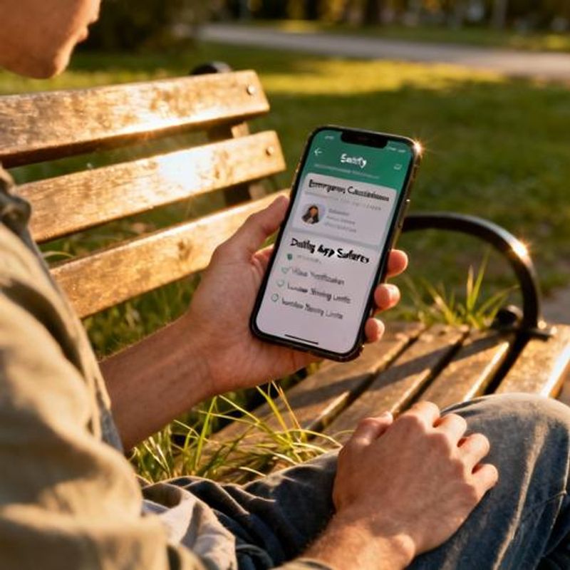 Person reviewing dating safety checklist on phone with emergency contacts visible