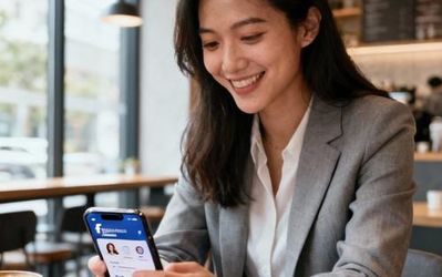 Young person using Facebook Dating app on smartphone with coffee