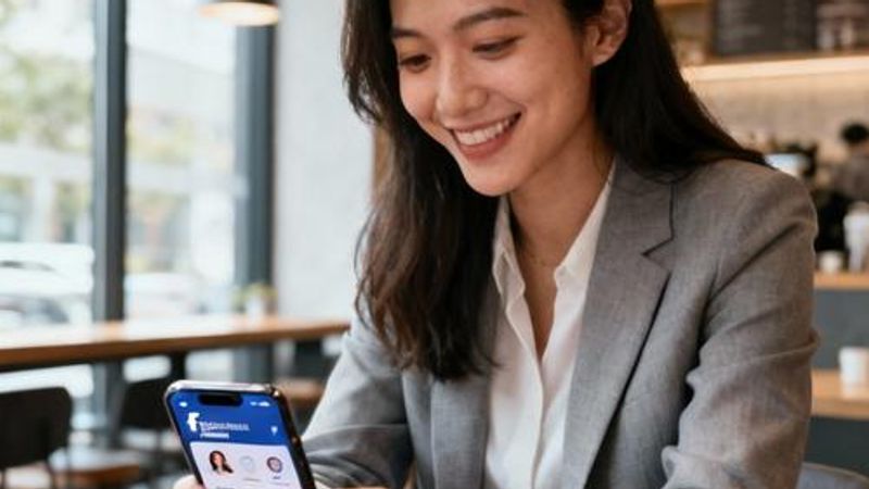 Young person using Facebook Dating app on smartphone with coffee