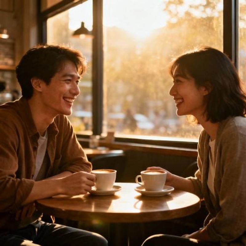 Two people having their first coffee date after meeting through a dating app