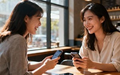 Two women having coffee together while looking at their phones in a cozy cafe setting