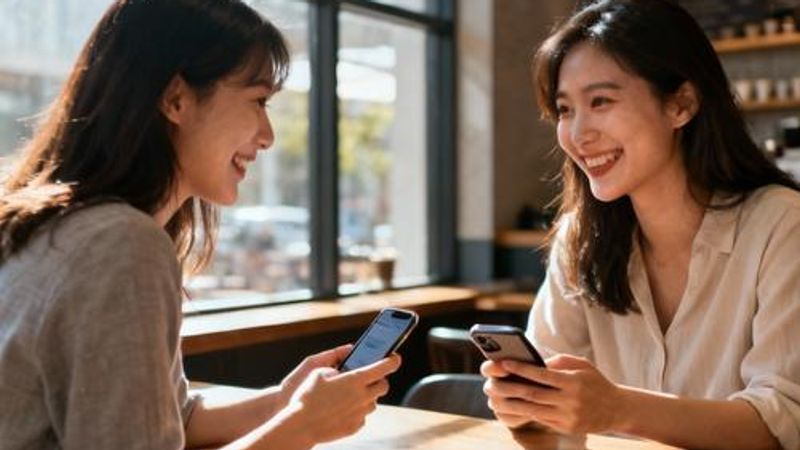Two women having coffee together while looking at their phones in a cozy cafe setting