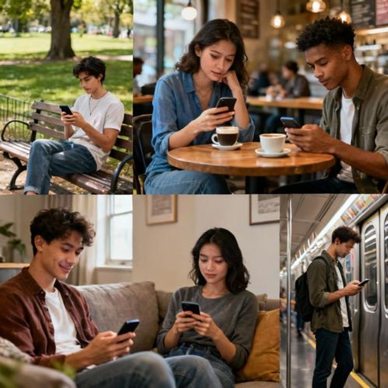 Diverse group of singles using dating apps in various everyday locations