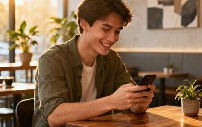 Young person smiling while using dating app on smartphone in a cozy coffee shop