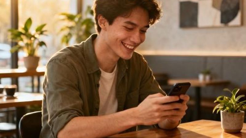 Young person smiling while using dating app on smartphone in a cozy coffee shop